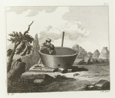Man with hammer and chisel working on a water tank, Drawing examples, second notebook, 2nd cahier