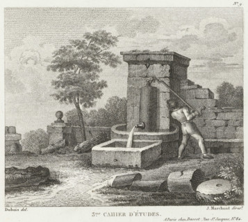 Man at water pump, Drawing examples, third script, 3me. cahier d'études, print, album page, Series