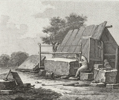 Man sawing a block of stone in half, 3rd cahier d'études, Drawing examples, third notebook, print,