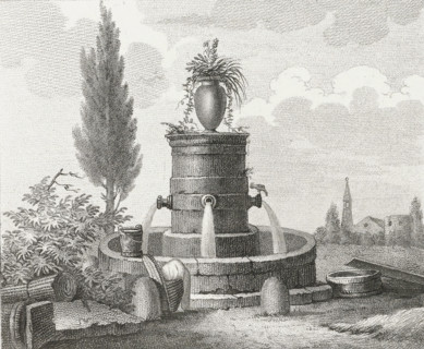 Fountain with laundry baskets, Drawing examples, third script, 3me. cahier d'études, print, album