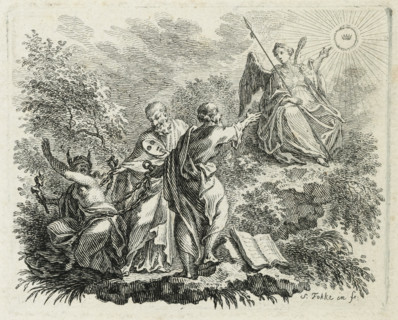 Chained Ignorance, print, Blindfolded Ignorance, with a jester's staff and donkey ears, is held in