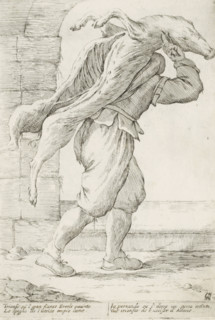 Man with slaughtered pig, Street vendors in Bologna, L'Arti Per Via, print, album page, A man