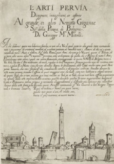 Title page with title, text, and view of Bologna, Street vendors in Bologna, L'Arti Per Via, print,