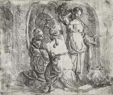 Lot and his daughters, print, Lot, seen from the back, holds a drinking bowl in his right hand. He