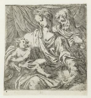 The Holy Family, print, Mary sits with the Christ Child on her lap. Behind them, Joseph stands in