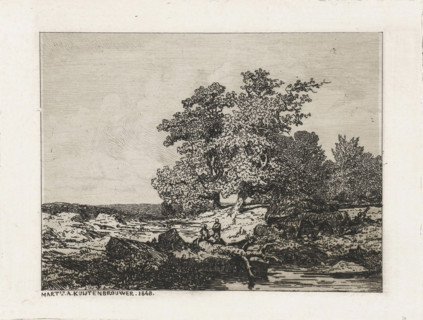 Landscape with oaks, print, Landscape with oaks and a river. In the center two standing figures.,