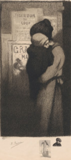 Woman with child, print, Woman with child in her arms in front of a wall with posters, one of which