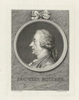 Portrait of François Boucher, print, Bust and profile to the left, in round frame with bow at top
