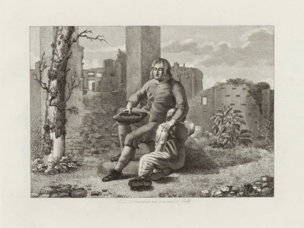 Man with boy in front of ruin, Six landscapes with sculptures drawn from life, print, In front of