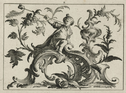 Pipe-smoking man with turban seated on a rococo ornament, Smokers on rococo ornament, print,