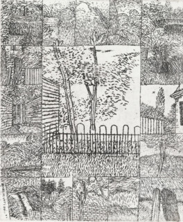 Tree behind small fence, print, Tree behind fence in the center, framed by sixteen equal-sized