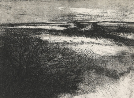 Dune landscape, print, Dune landscape with marram grass, the sea on the left on the horizon.,