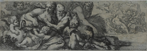 Faun with bacchante and putti, print, collector's mark: 'JJS', printmaker: attributed to Michel