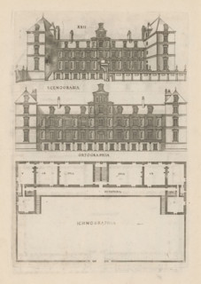 Front and rear facade and floor plan, ornament print, Front and rear facade and floor plan. View