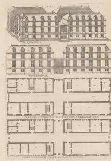Bird's-eye view, facade and floor plans, ornament print, Building in a bird's-eye perspective,