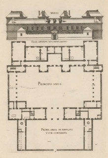 Front facade and floor plan, ornament print, Front facade and floor plan. View and plan of