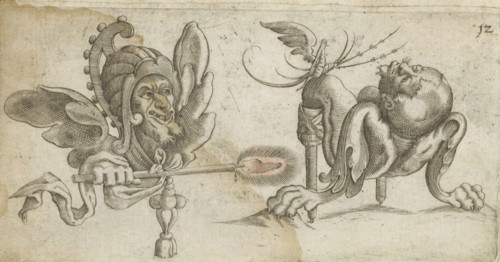 Two grotesques, print, album page, Series number, 12, Two grotesques. The one on the left with