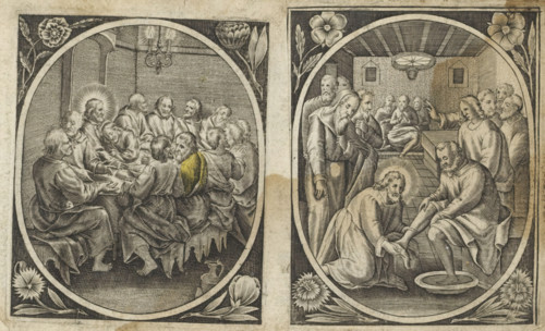 Last Supper, Passion of Christ, print, album page, Christ and his disciples around a table. Christ