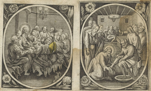 Washing of Peter's Feet, Passion of Christ, print, album page, Christ kneels before the apostle