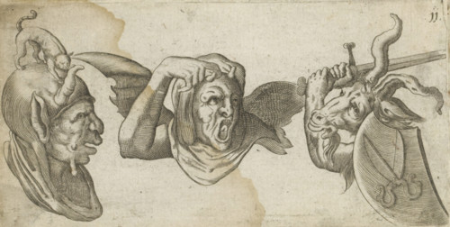 Two devilish figures and a goat with a sword, print, album page, Series number, 11, Two devilish