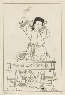 Chinese woman behind an embroidery frame, Chinese women, flowers and birds, print, album page,