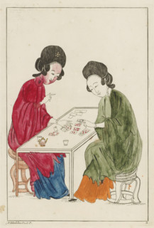 Two Chinese women playing a card game, Chinese women, flowers and birds, print, album page,