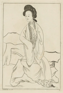 Chinese woman with her right hand in the sleeve of her kimono, Chinese women, flowers and birds,