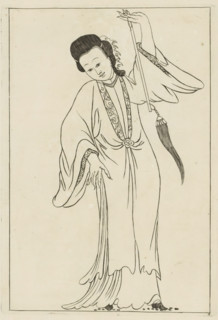Standing Chinese woman with attribute in left hand, Chinese women, flowers and birds, print, album