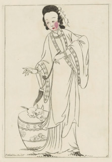 Standing Chinese woman in kimono with an animal, Chinese women, flowers and birds, print, album