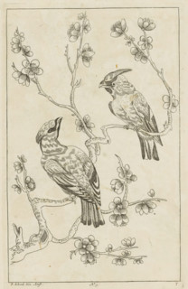 Two birds on a blossoming branch, Chinese women, flowers and birds, print, album page, ornamental
