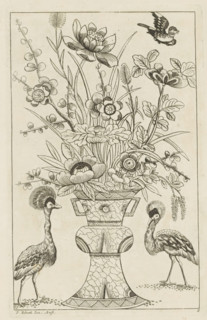 Flower vase flanked by birds, Chinese women, flowers and birds, print, album page, ornamental
