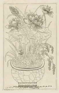Vase with lotus flowers, Chinese women, flowers and birds, print, album page, ornamental print,