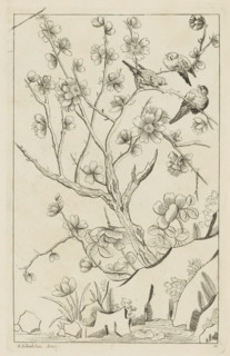 Three birds in a blossoming tree, Chinese women, flowers and birds, print, album page, ornamental