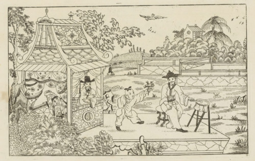 Chinese drummer on a platform in a landscape, Newly invented Chinese, drawn with great difficulty