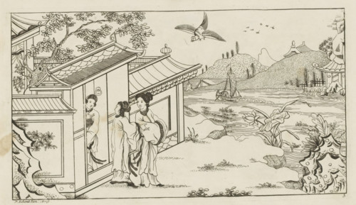 Landscape with three Chinese women at the doorway of a house, Newly invented Chinese, drawn with