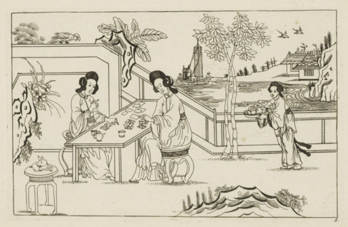 Landscape with two Chinese women playing a card game, New invented Chinese, drawn with great