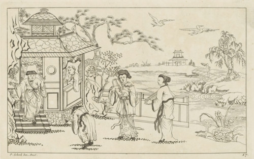 Chinese landscape with figures and a pavilion, Nieuwe geinventeerde Sineesen met groote moeyte