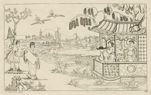 Chinese lady with document in landscape, New invented Chinese drawn and illuminated with great