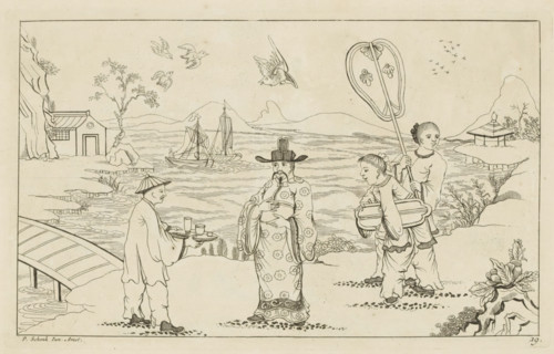 Chinese gentleman receiving tea from a servant in a landscape, New invented Chinese drawn with