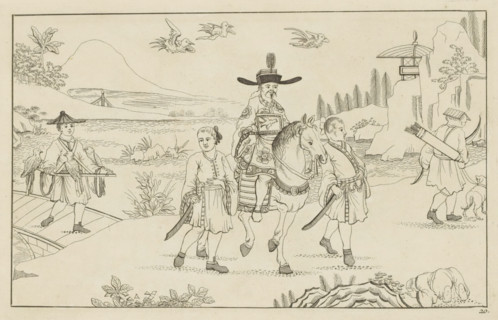 Chinese gentleman on horseback hunting birds, New invented Chinese figures drawn with great
