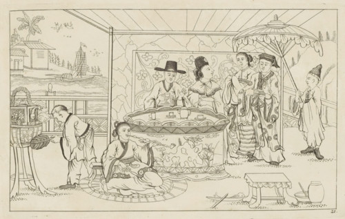 Chinese figures around a tea table, New invented Chinese drawn with great difficulty and brought