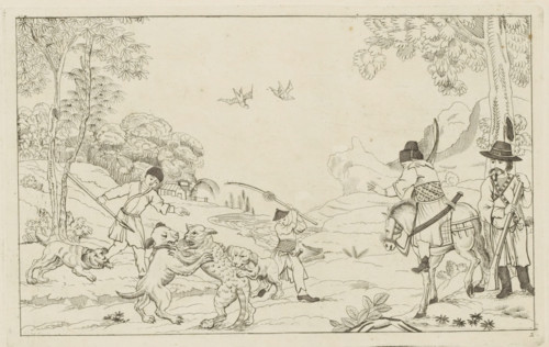 Landscape with dogs hunting a wild animal, Chinese hunting scenes, Newly invented Chinese, drawn