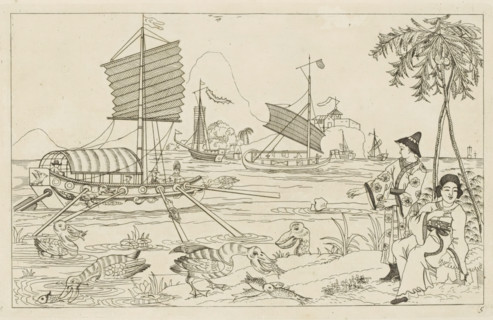 Chinese sailing ships in a bay and fish-eating waterbirds, Chinese hunting scenes, Newly invented