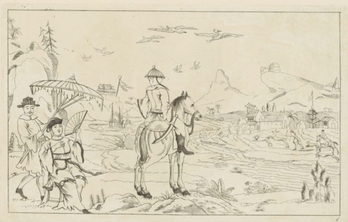 Rider and hunting scene in a Chinese landscape, Chinese hunting scenes, New invented Chinese, drawn