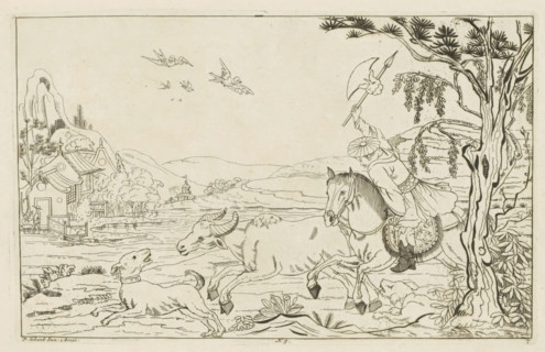 Chinese landscape with bull hunt, Newly invented Chinese, drawn with great difficulty and