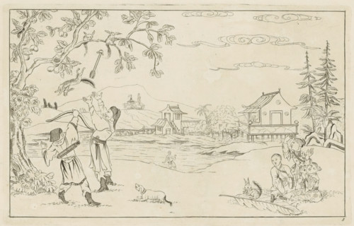 Chinese landscape with squirrel hunt, Chinese hunting scenes, New invented Chinese, drawn with