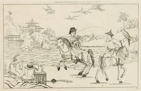 Hunting with birds of prey, Chinese hunting scenes, Newly invented Chinese, drawn with great