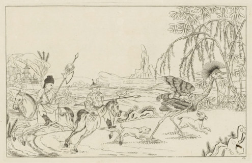Landscape with ostrich hunt, Chinese hunting scenes, Newly invented Chinese, drawn with great