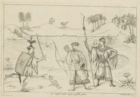 The Chinese custom as they go to the field, Three Chinese warriors in a landscape, Chinese customs,