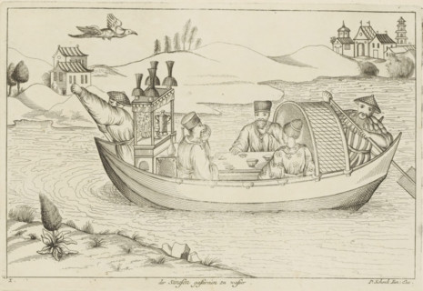 Chinese people at a table on a boat, Der Sinesen gastereien zu wasser, Chinese customs, print,